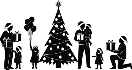 Family Christmas Celebration Silhouette Vector Set with Decorated Tree, Parents, and Children in Santa Hats Holding Gifts and Balloons, Happy Holiday Gathering Design.