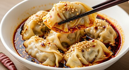Close-up shot of delicious dumplings in a bowl with a spicy sauce, sesame seeds, and chopsticks.