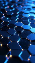 Fototapeta premium Interconnected blue hexagons sparkle with numerous vibrant orange and blue glowing points across a dark surface
