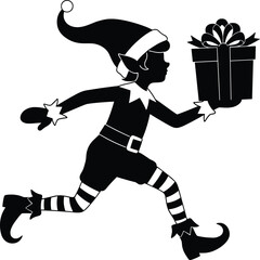 Running Christmas holiday season cheerful elf worker character delivering wrapped present box silhouette vector illustration graphic design element for festive greeting card decoration