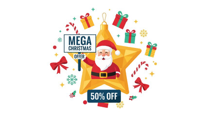 Holiday Cheer with a Mega Christmas Offer: A festive illustration of Santa Claus holding a sign, surrounded by Christmas ornaments and a giant star, promoting a Mega Christmas Offer with 50% Off. 