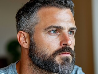 Obraz premium A thoughtful Caucasian man with a beard gazes out, showcasing his striking blue eyes and mature demeanor.