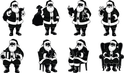 Santa Claus Reading, Sitting, and Holding Gifts Vector Silhouette Set, Jolly Father Christmas Character with Toy and Bag, Festive Holiday Season Graphic Illustration Collection.