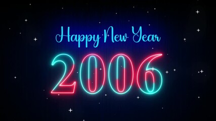 Futuristic Red Cyan Glowing Neon Light Happy New Year 2006 Text Reveal. The Falling Snow Star on Dark Background, 5-10 Seconds Seamless LoopIng 4k video