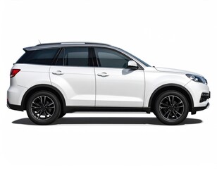Fototapeta premium White SUV profile, sporty wheels, rooftop carrier, side view