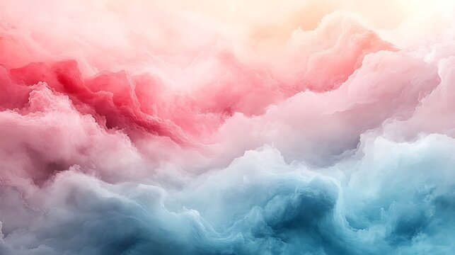 Majestic cloudscape with voluminous formations transitioning from soft peach to vibrant red and blue