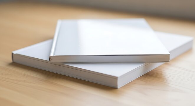 Stack of two blank white books with plain covers on a light wooden table, perfect for showcasing custom designs or branding