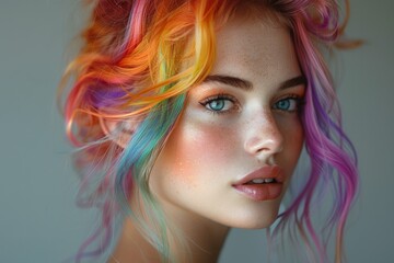 Fototapeta premium A beautiful woman with striking vibrant hair and expertly applied makeup. This image captures a moment of confidence and style, perfect for advertising cosmetics, fashion, or beauty products.