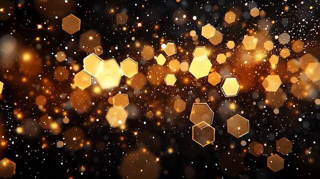 Dynamic Golden Bokeh Particles Floating on Dark Background.