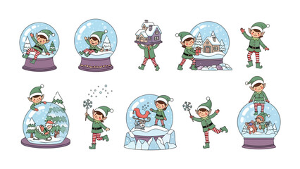 Whimsical Snow Globe Collection: A delightful compilation of snow globes, each housing a playful elf engaged in various winter activities.