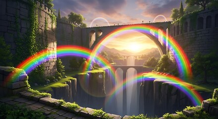 Ancient Stone Bridge with Double Rainbows and Sunlit Valley