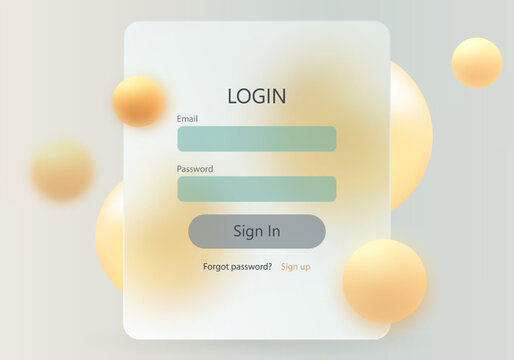 Login page in glassmorphism style with soft orange spheres on a light gray background and transparent input form