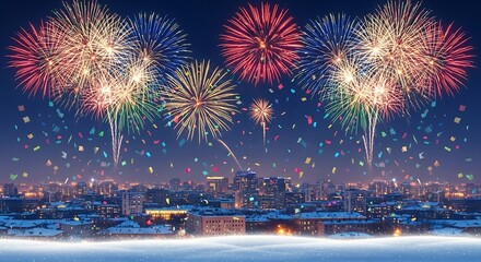 Cityscape Fireworks Celebration With Confetti night