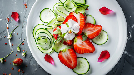 A top vew of summer salad features crisp cucumber curls, strawberries, and edible petals. The minimalist plating and balanced colors create a serene, contemporary aesthetic perfect for editorial use