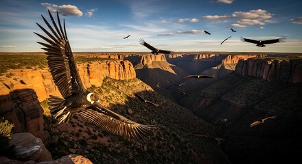 Condors soaring over a vast canyon at sunset bird flying