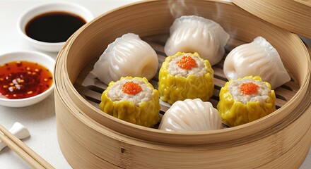Freshly steamed Chinese dim sum, including shumai and har gow, served in a traditional bamboo basket with dipping sauces.
