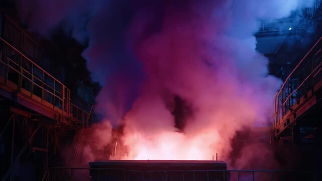 Medium shot of hightemperature electrolytic cell glowing with intense heat as alumina is converted into molten aluminum in industrial smelting process.