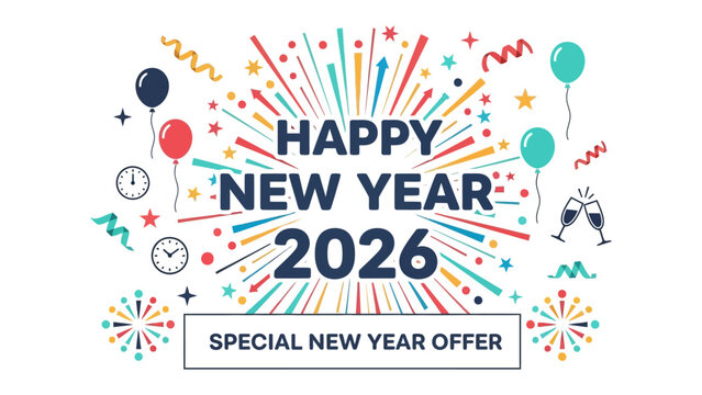 A Glimpse into 2026: Fireworks burst to celebrate the new year, filled with joy, aspirations, and special offers, bringing everyone an invitation to celebrate.