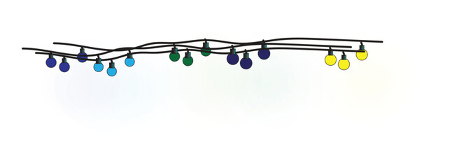 A simple illustration of a string of colorful festive lights with blue, green, and yellow bulbs on a white background.