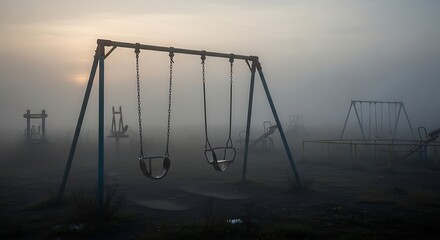 Empty Swingset in Dense Fog at Playground swing set