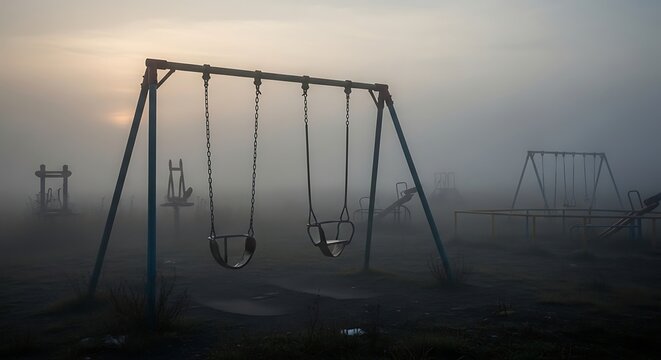 Empty Swingset in Dense Fog at Playground swing set