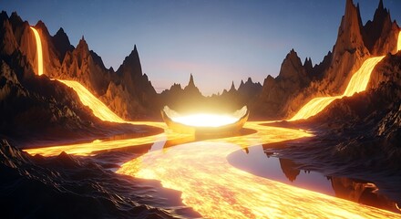Fiery Lava Landscape with Glowing Crater Lake volcano
