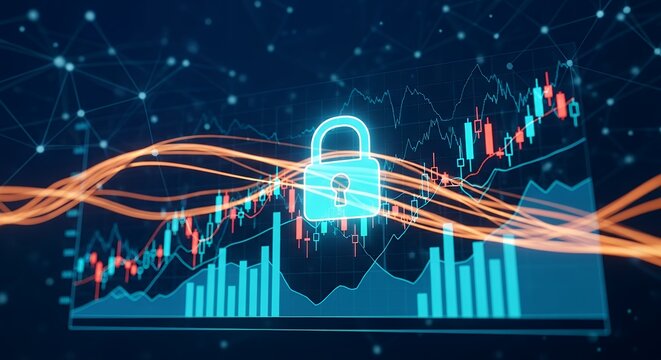 Digital security protecting financial data and market trends. Glowing padlock over charts illustrates robust cybersecurity for online information, economic growth, and data integrity in a network
