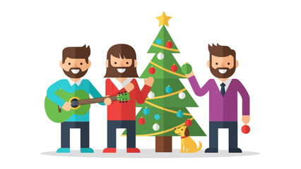 Christmas Gathering: Festive trio celebrate the holidays, surrounded by cheer, music, and the timeless charm of a decorated Christmas tree. 