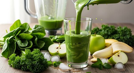 Green Smoothie Being Poured into Glass with Ingredients