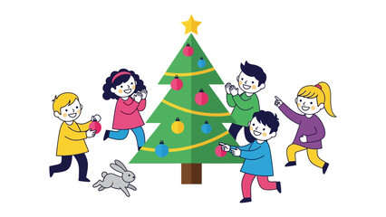 Holiday Cheer and Joy: Children are filled with festive cheer as they decorate a Christmas tree, filled with colorful ornaments and bright lights.