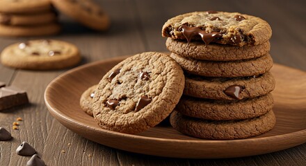 Close-up shot of a stack of chocolate chip cookies on a wooden plate, delicious and tempting.