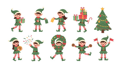 Merry Elves in Action: A lively depiction of cheerful elves engaged in various festive tasks, embodying the joyful spirit of the holiday season, with gifts and decorations. 