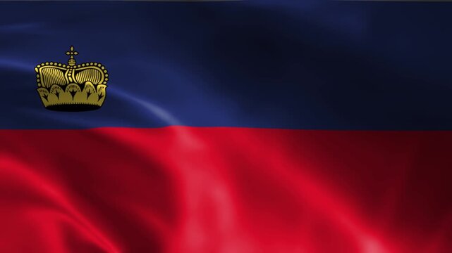 waving national flag of liechtenstein with golden crown on blue and red fabric texture style banners