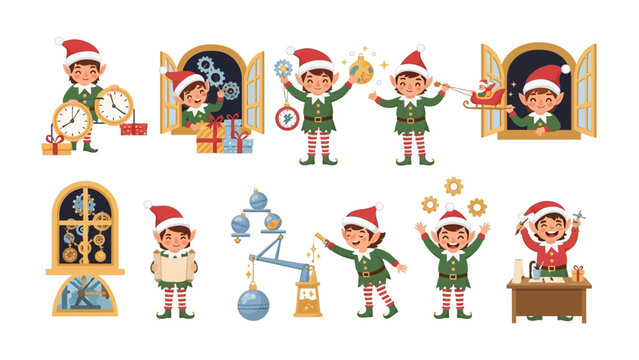 Elves at Work: Festive elves, full of holiday spirit, are shown working in their workshop, showcasing various activities, conveying festive atmosphere.