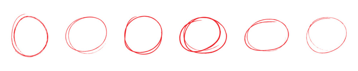 ovals and circles. Ellipses pencil doodle style set. Red round rough thin frames. Round freehand shapes, emphasis highlights. Vector elements for hand drawn diagrams