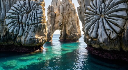 Dramatic ocean view through unique spiral rock formations and coastal cliffs