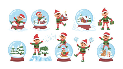 Christmas Elf in Snow Globe Collection: A charming collection of illustrations showcasing festive Christmas elves. Each elf is set in an enchanting snow globe.