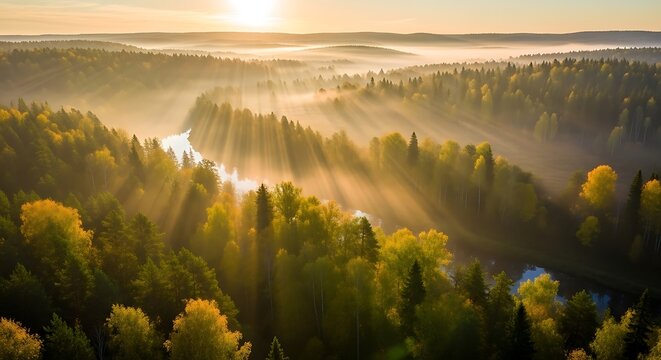 Misty forest landscape with sunbeams at sunrise trees - Powered by Adobe