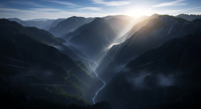 Misty Mountain Valley with Sun Rays and Winding River - Powered by Adobe