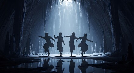 Silhouettes of four figures wearing crowns dancing in an ice cave