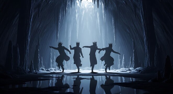Silhouettes of four figures wearing crowns dancing in an ice cave