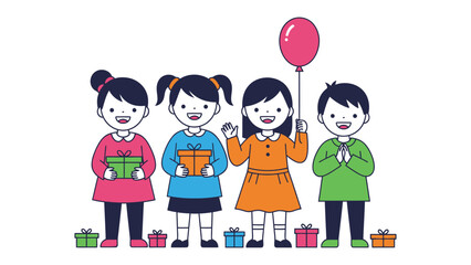 Children's Celebration: Four young children, each with radiant smiles, share the joy of a special occasion, holding gifts and balloons that speak of togetherness.