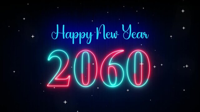 Futuristic Red Cyan Glowing Neon Light Happy New Year 2060 Text Reveal. The Falling Snow Star on Dark Background, 5-10 Seconds Seamless LoopIng 4k video