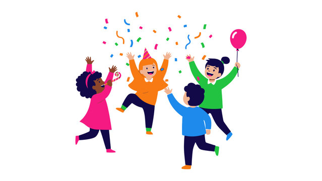 Joyful Celebration of Childhood: A vibrant illustration capturing the innocent joy of childhood, with children throwing confetti and celebrating with excitement.