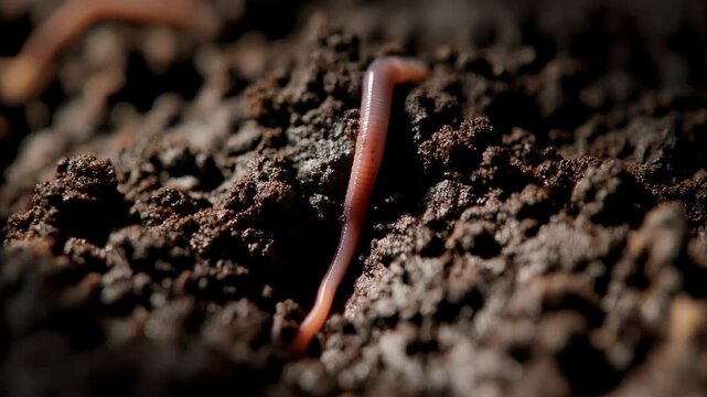 Worm Crawling Through Rich Soil Close-Up, Nature Macro Environment, Earth Texture Viewpoint