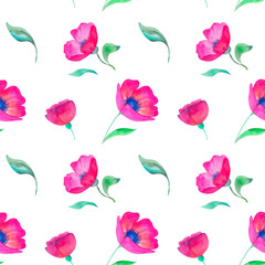 Seamless floral pattern featuring hand-painted pink watercolor flowers and green leaves on a transparent background. Delicate botanical design perfect for fabric, wallpaper and summer-themed projects