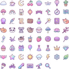 Pastel Kawaii Icon Set – 80 Cute Gradient Icons for Lifestyle, Nature, Food, Animals & Decorative Elements