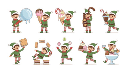 Sweet Elf's Treats: Delightful elves joyfully interact with delectable sweets in a charming, playful illustrated collection of tempting dessert and fun.