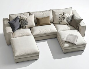 Beige sectional couch, patterned pillows. Top view