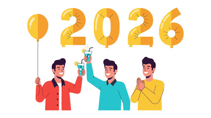 New Year's Toasting in 2026: Friends toast with joy, celebrating the arrival of the year 2026, holding refreshing drinks in a vibrant illustration.